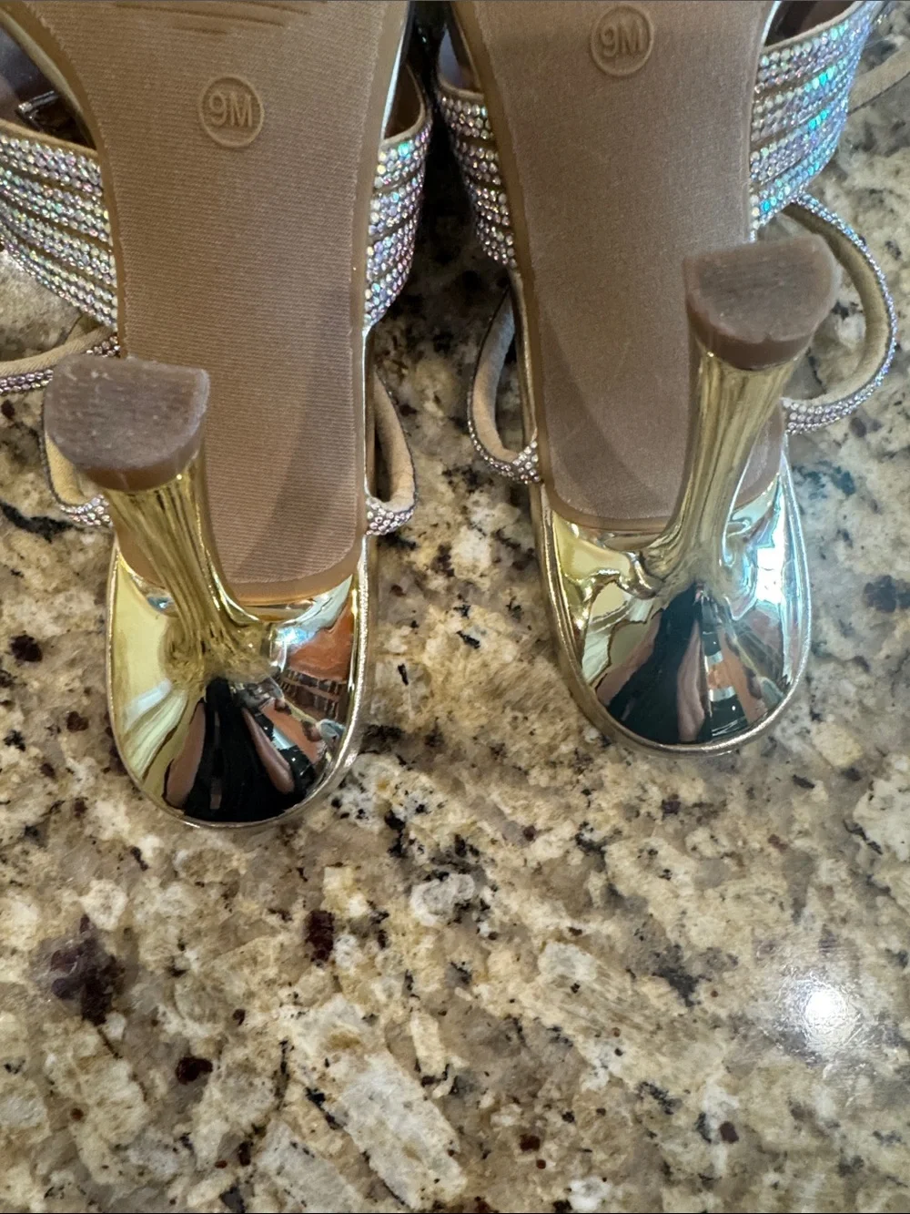 Rouge Helium Strappy Crystal Embellished Gold Women's Heels Size 9